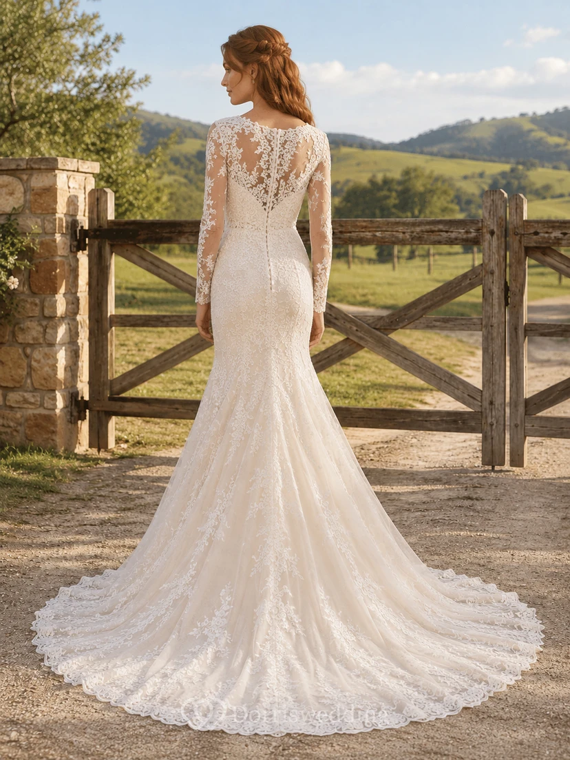 Brautkleid im Landhausstil mit Spitze, Meerjungfrauen-Schnitt, herzförmigem Ausschnitt, langen Ärmeln, Schleppe und tiefem V-Ausschnitt am Rücken view 2
