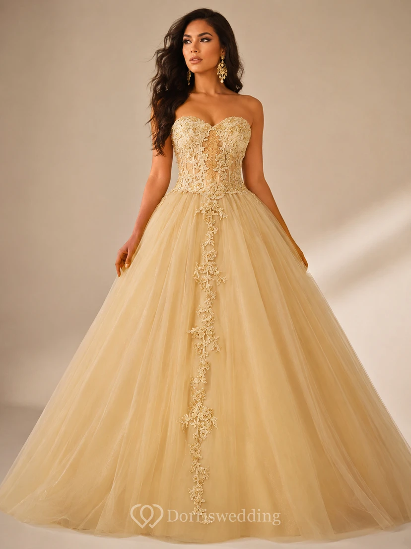 Langes Ballkleid mit Applikationen, Reißverschluss und Schnürung am Rücken aus Tüll und Spitze view 7
