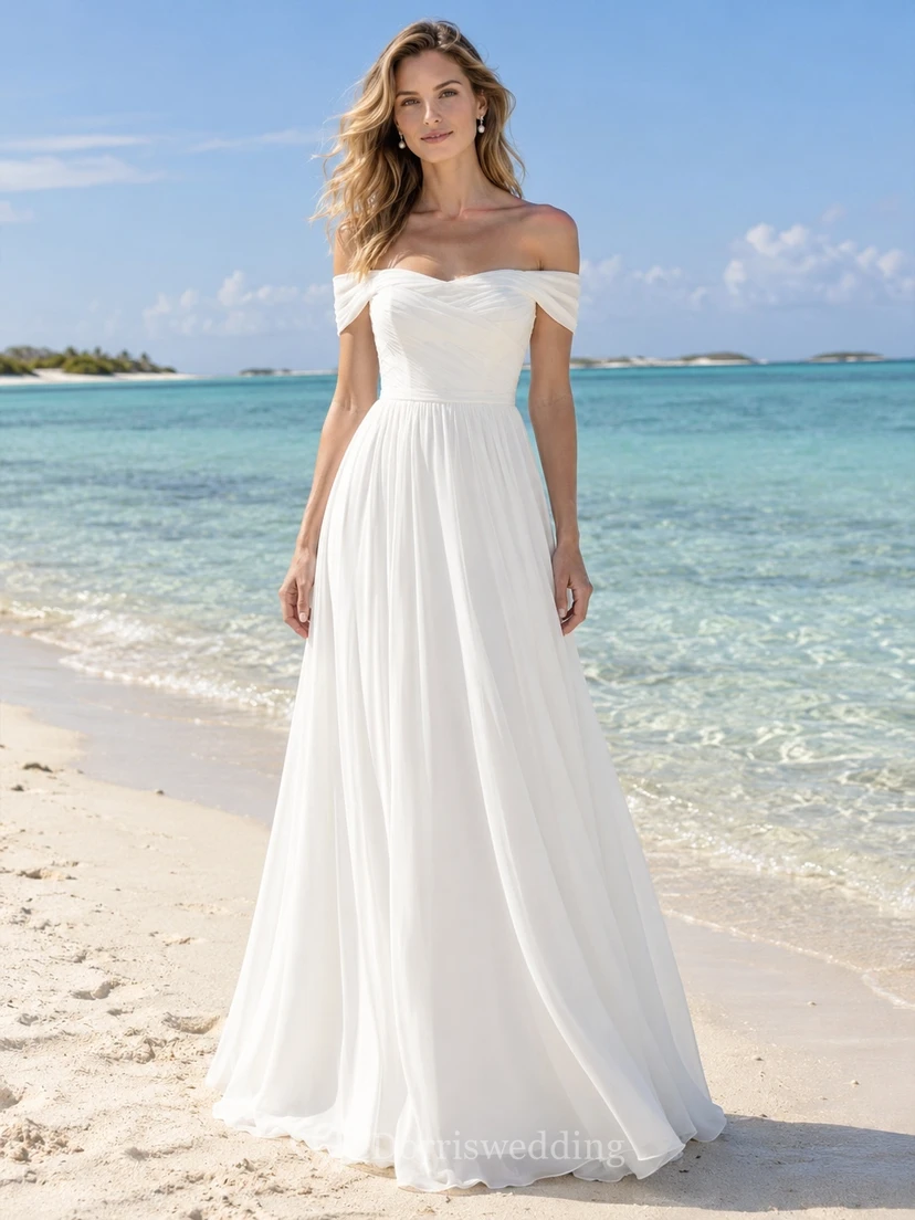 Vestido de novia sencillo de gasa con hombros descubiertos, corpiño drapeado y falda acampanada hasta el suelo.