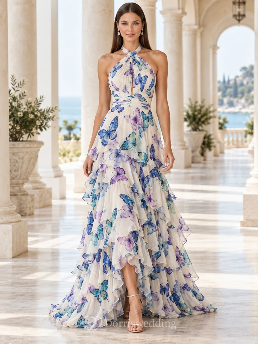 Vestido de noche formal de gasa con volantes y estampado de mariposas color marfil, corte asimétrico, escote halter, largo hasta el tobillo