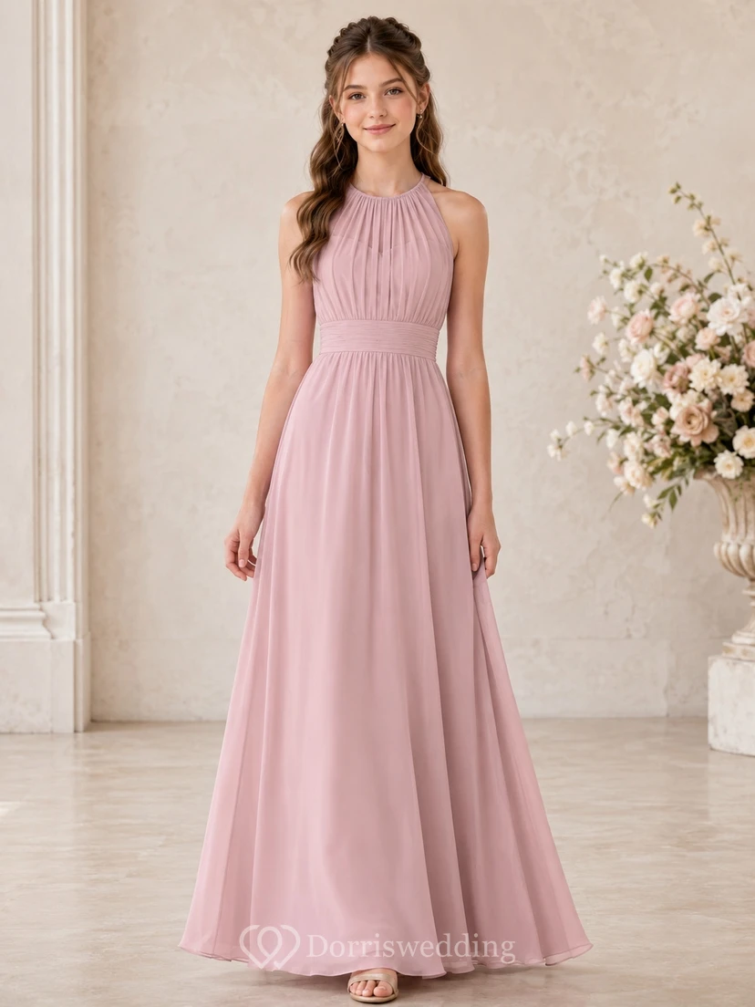 Elegantes, ärmelloses Chiffon-Brautjungfernkleid in Altrosa, A-Linie, hoher Kragen