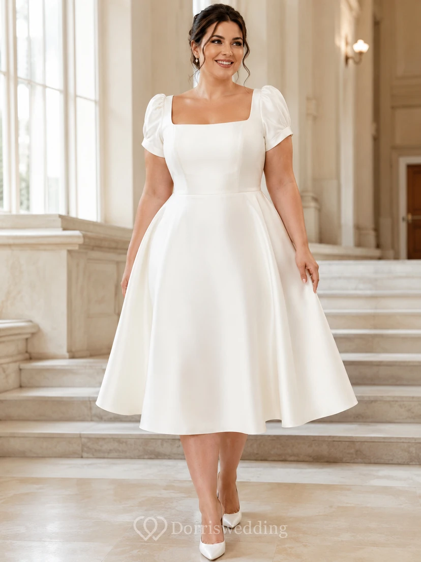 Robe de mariée grande taille en satin, coupe trapèze, manches bouffantes, col carré, grande taille, longueur thé
