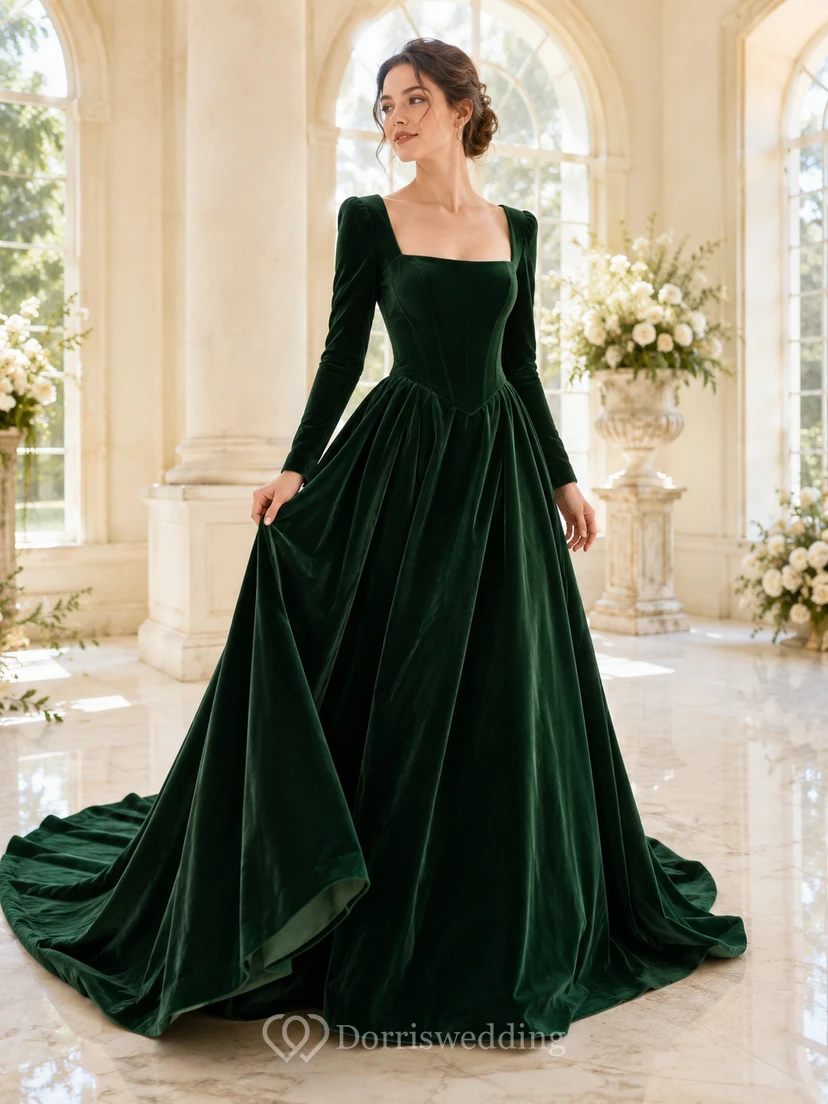 Robe de bal en velours vert foncé à col carré et manches longues, traîne chapelle