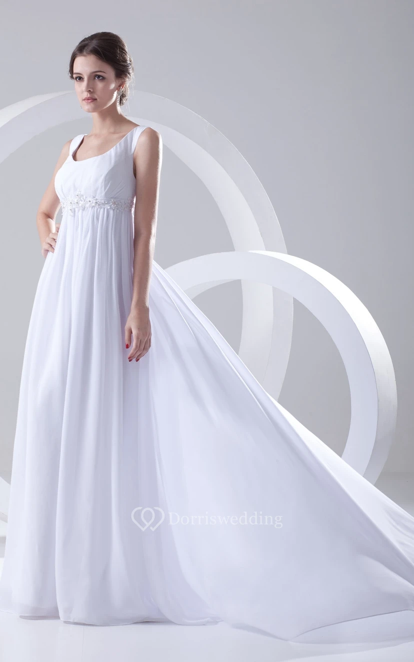 Square-Neck Empire Chiffon Dress With Beaded Sash view 4
