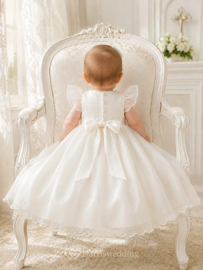 Flutter Sleeve Christening Dress A-Line Organza Tulle Jewel Neck Ruffle Hem view 2