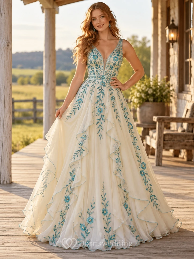 Western Country Cream Turquoise Floral V-Neck Tulle Prom Dress