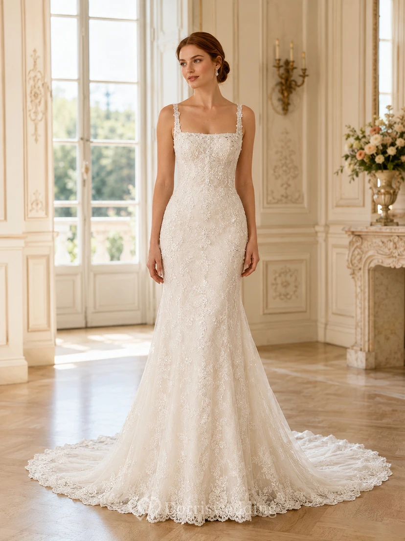 Robe de mariée modeste en dentelle et tulle, coupe sirène, col rond, manches longues et traîne courte.