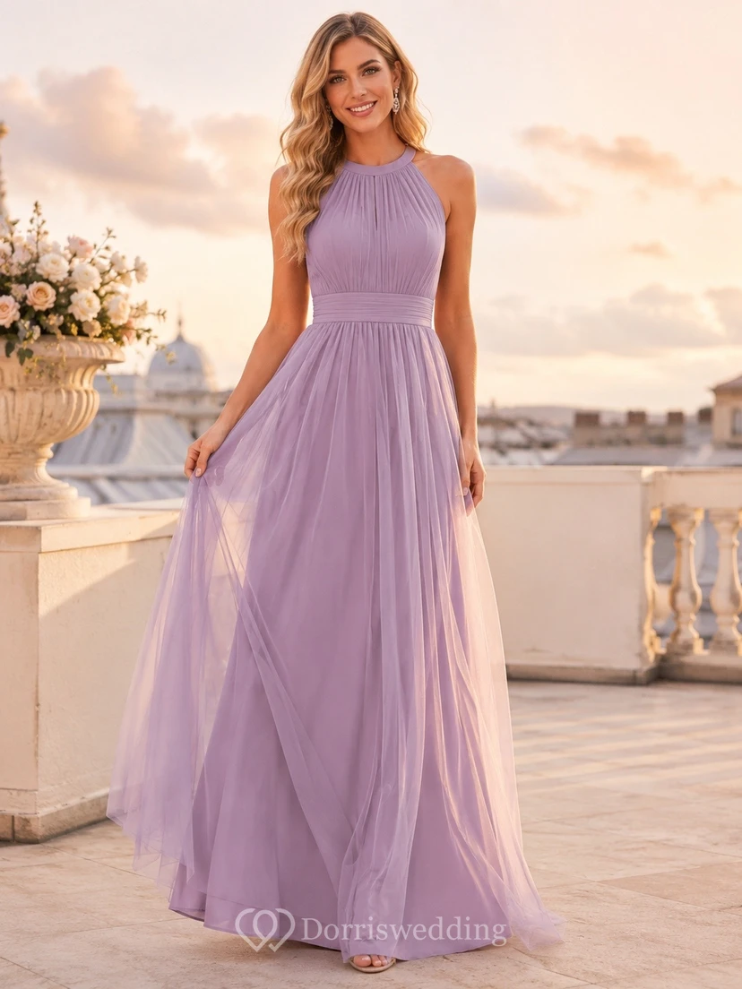 Lavender Sleeveless High Neck Floor-Length Chiffon A-Line Dress