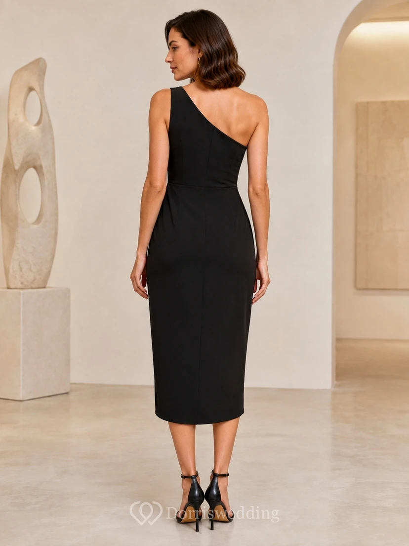 Schwarzes, ärmelloses Jersey-Midikleid mit One-Shoulder-Ausschnitt und Schlitz view 2