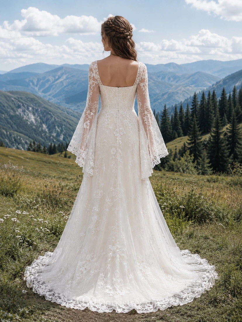 Square Neck Lace Bell Sleeve Mountain Meadow Bridal Dress view 2
