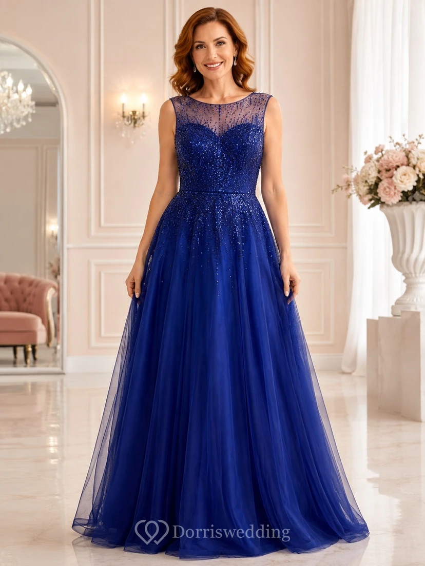 Royal Blue Illusion Jewel Sequined Tulle A-Line Floor-Length Luxury Gown