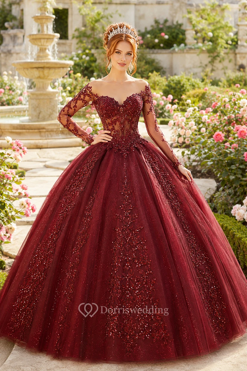 Vestido de gala burdeos de manga larga de tul con apliques y bordados densos