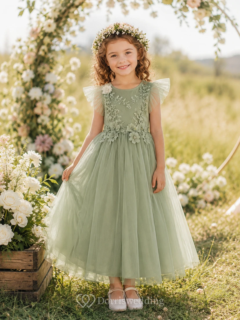 Flower Girl Dress Ivory Lace Tulle A-Line Scoop Neck Tea Length