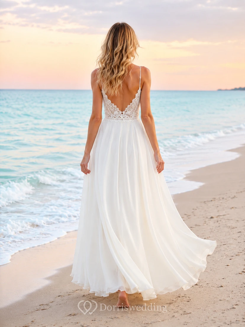 Robe de mariée fendue en mousseline et corsage en dentelle pour petite plage view 2