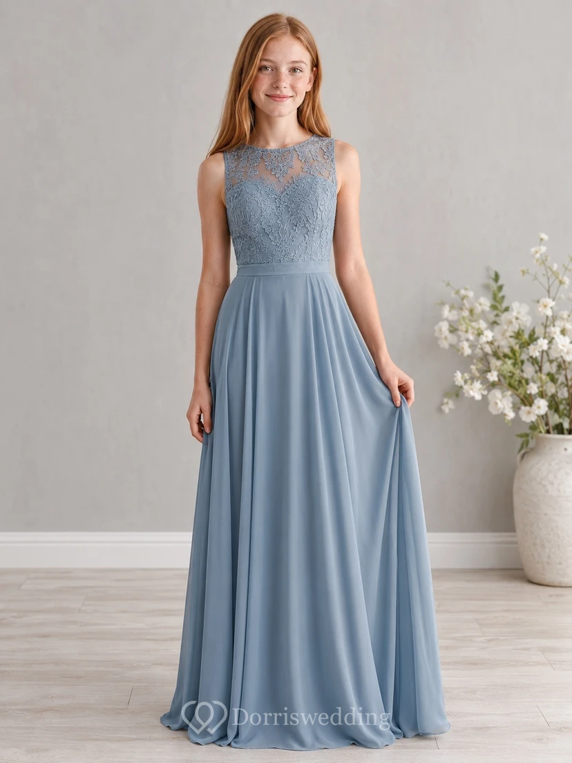 Stahlblaues Brautjungfernkleid für junge Damen, A-Linie, hoher Kragen, ärmellos, Spitze, romantisch