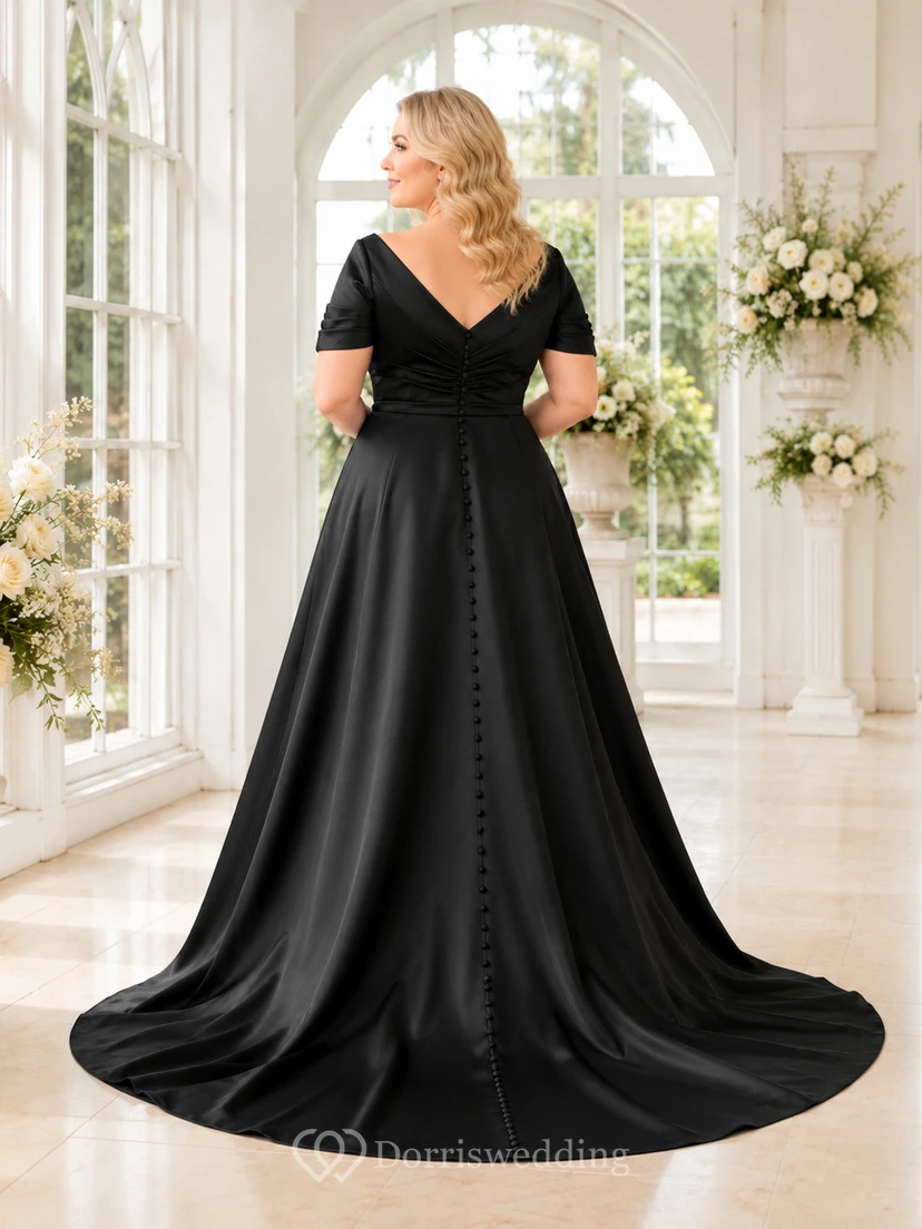 Elegant Black Plus Size V Neck Short Sleeve Satin A-Line Wedding Gown view 2