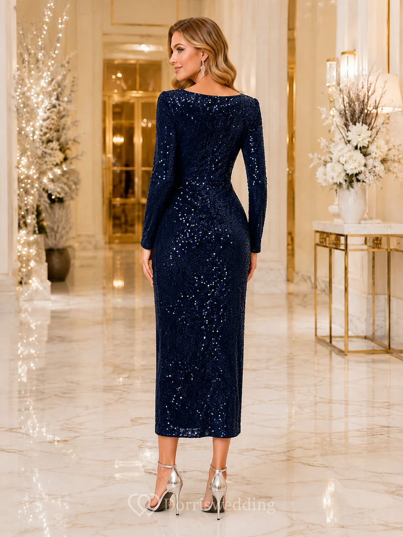 Robe midi d'invitée bleu marine foncé à encolure carrée et manches longues à sequins view 2