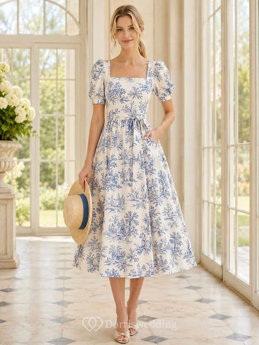 Robe midi trapèze à col carré et manches bouffantes en toile bleue