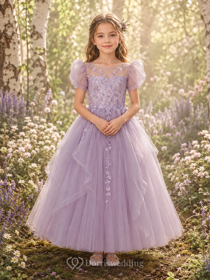 Flower Girl Dress Lavender Satin A-Line Short Sleeve Jewel Neck Tea Length Bow Detail