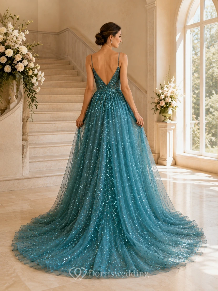 Türkisfarbenes Pailletten-Brautkleid mit Spaghettiträgern, V-Ausschnitt und A-Linien-Schnitt view 2