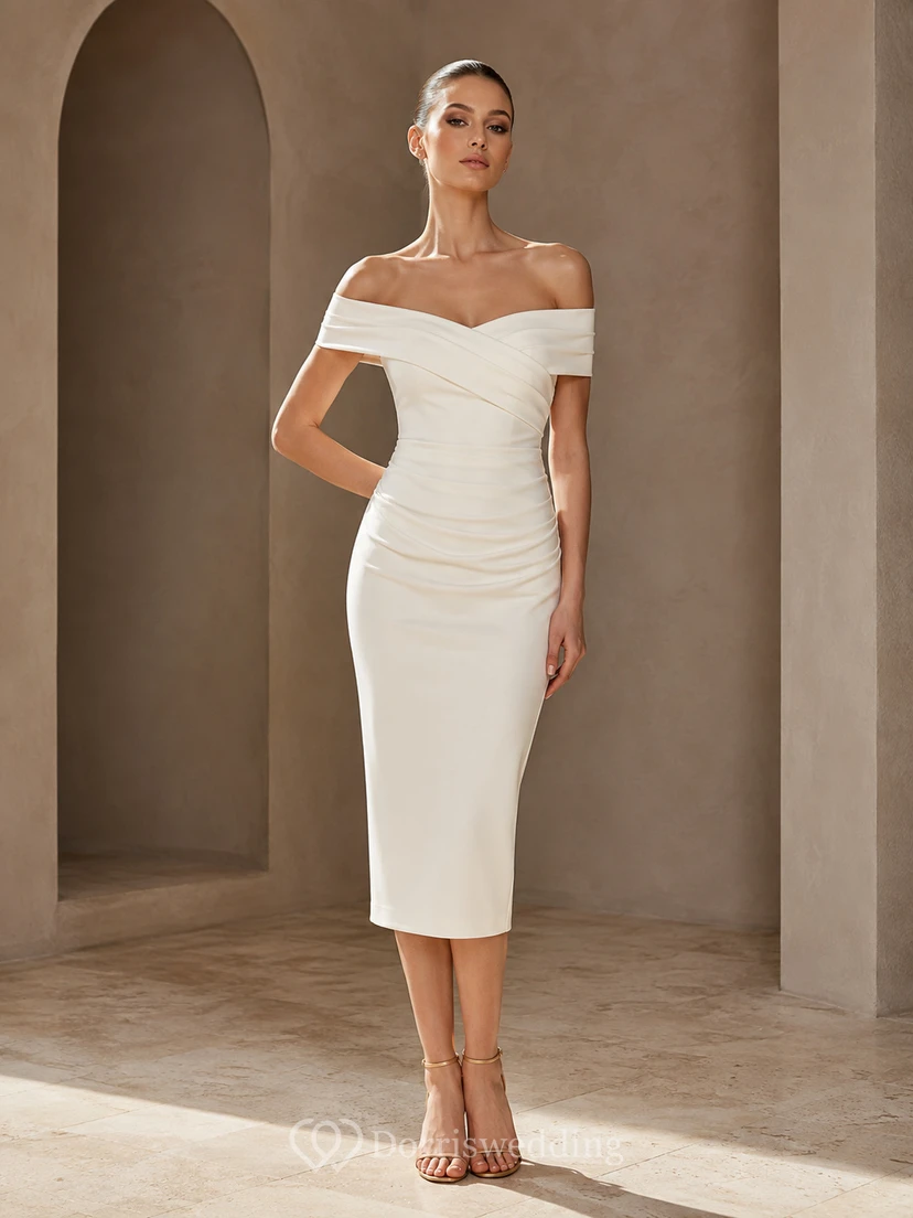 Robe de mariée civile moderne en satin drapé, épaules dénudées, longueur thé, simple