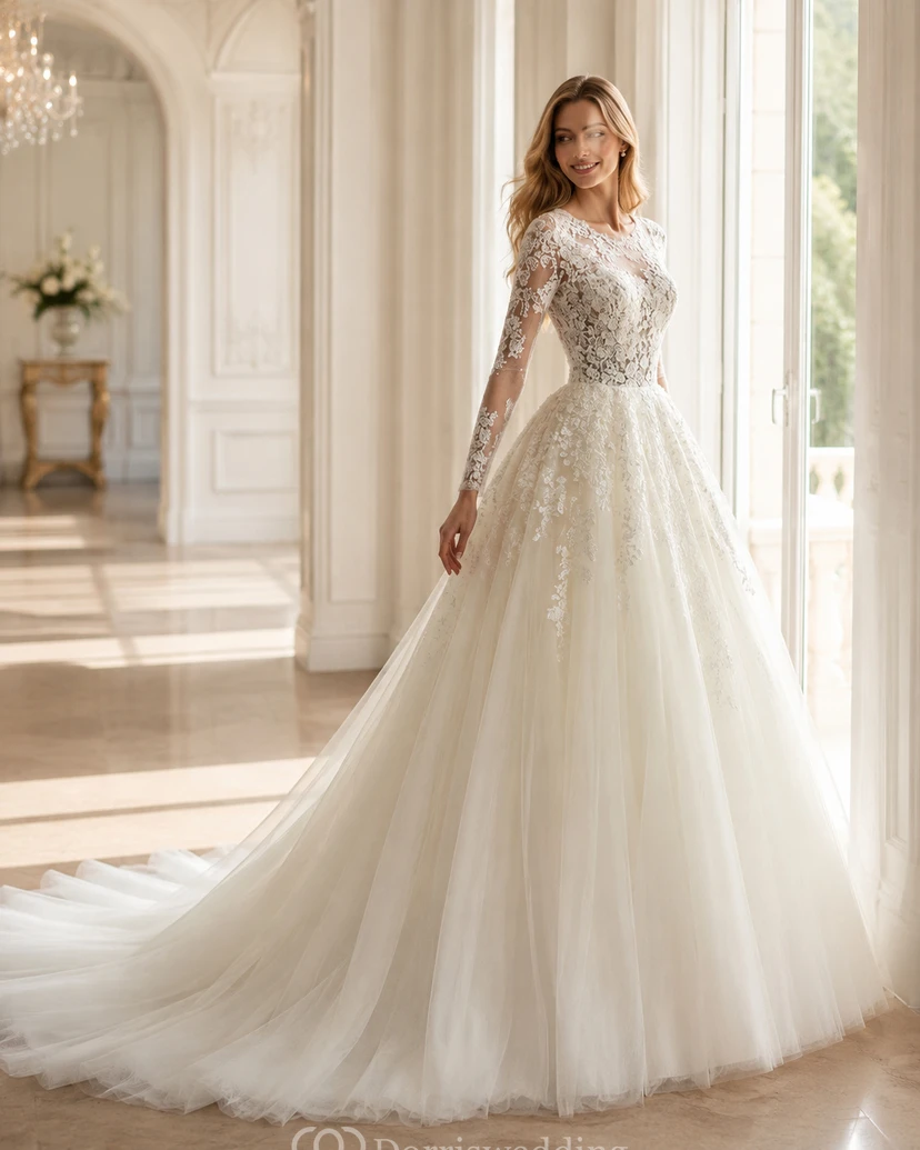 Robe de bal longue à manches longues effet illusion royale - Robe de mariée en tulle ornée d'appliqués de dentelle et traîne cathédrale view 2