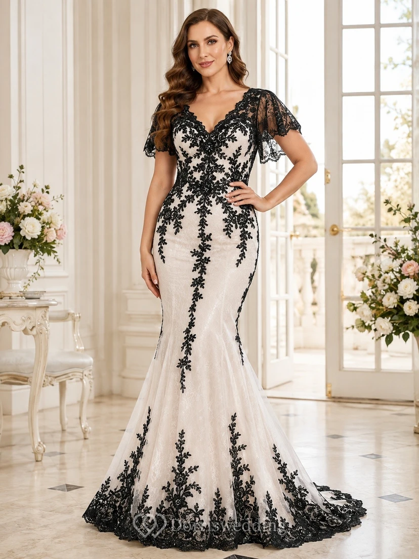Vestido de noche largo hasta el suelo, estilo sirena, de manga corta, encaje blanco fluido y tul con escote corazón.