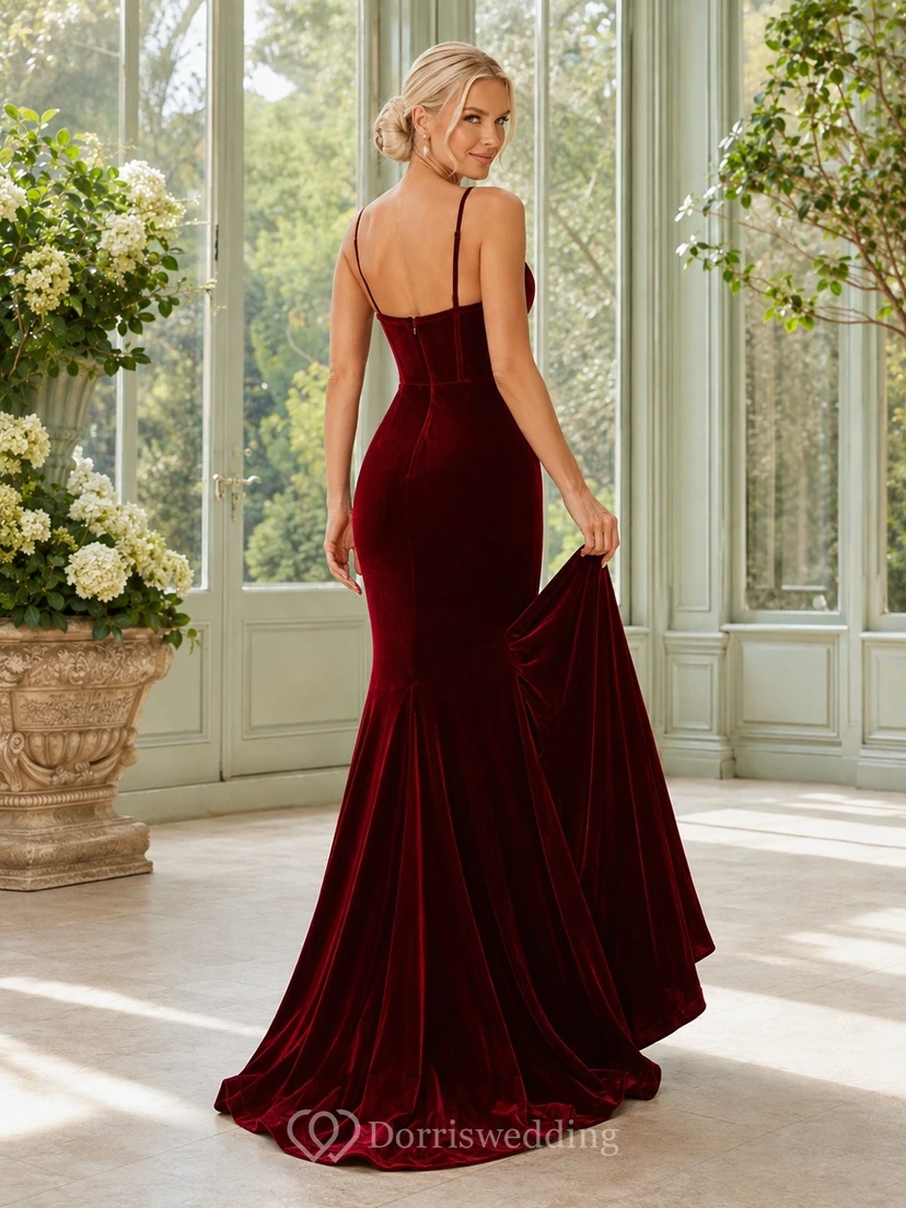 Burgundy Spaghetti Strap Velvet Mermaid Sweep Train Dress view 2