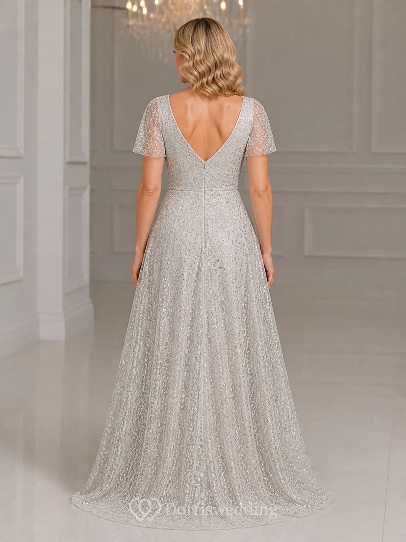 Robe de mère argentée modeste à col en V, dentelle à sequins, manches courtes et coupe trapèze view 2