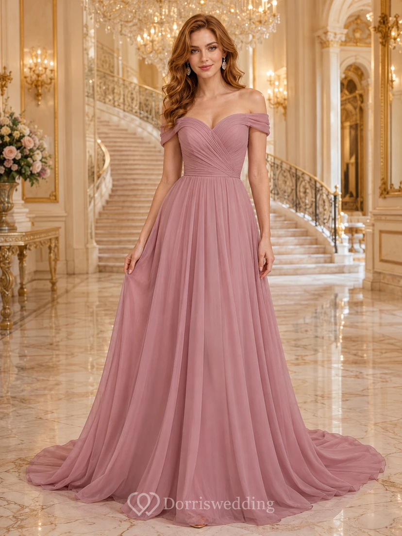 Robe de bal en tulle rose poudré à épaules dénudées, modèle Grand Ballroom