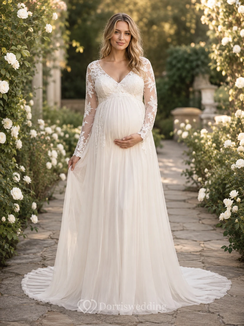 Vestido de novia premamá de manga larga con corpiño de encaje, corte A, falda de tul estilo jardín con espalda en V.