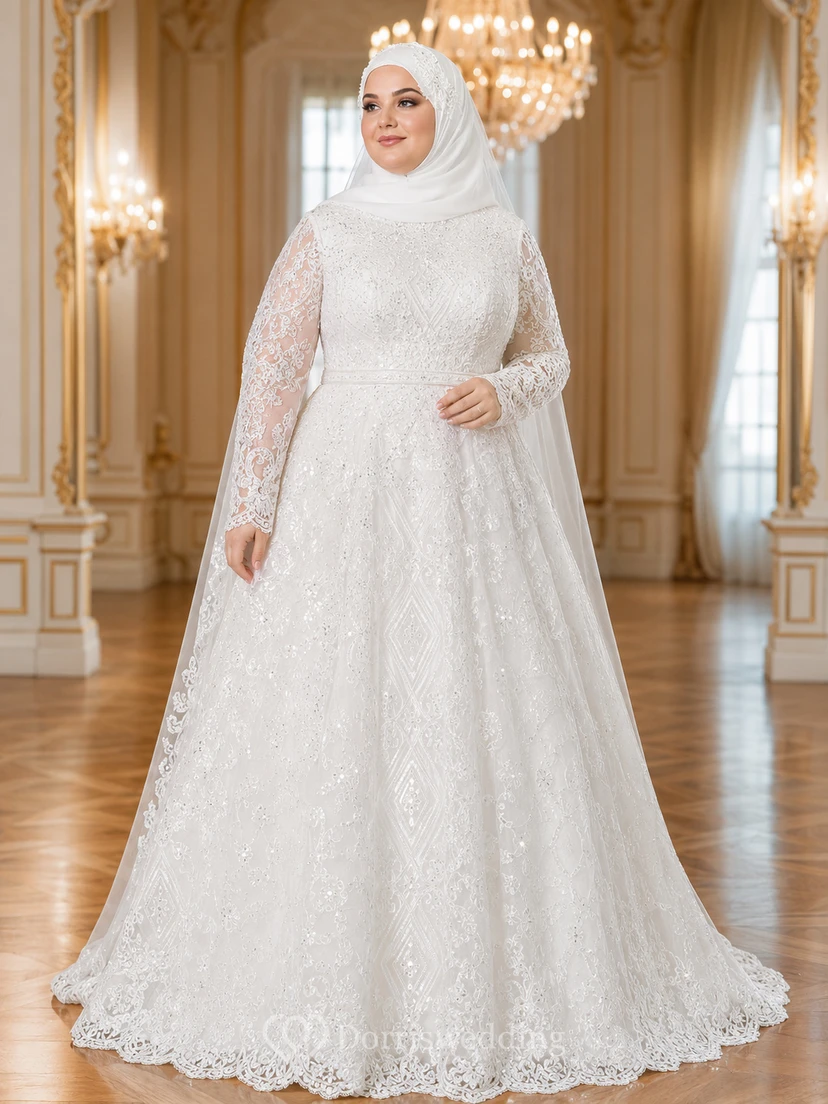 Plus Size Muslim Long Sleeve Lace Ball Gown Wedding Dress