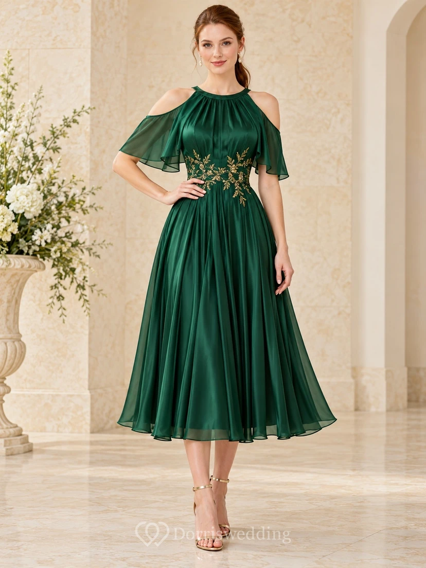 Tea-length Dark Green Cutaway Shoulder Gold Embroidered Pleated Formal Dress