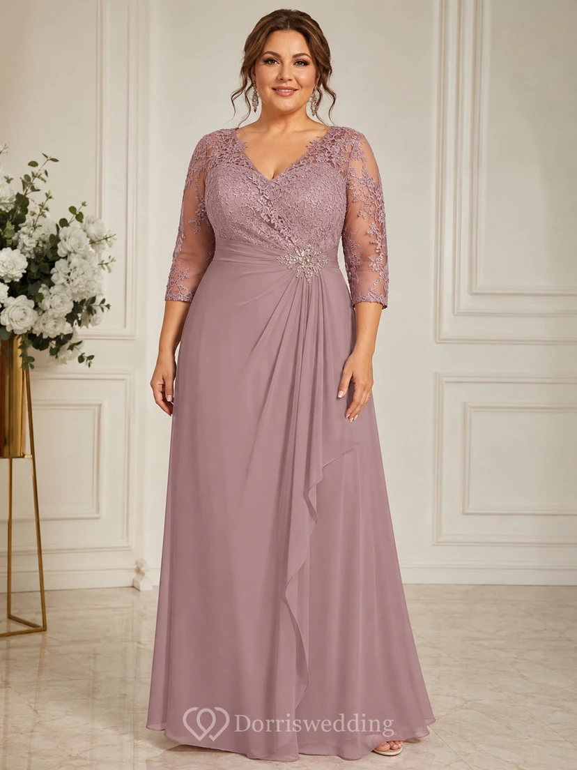 Plus Size A-Line V-Neck 3/4 Length Sleeve Chiffon Mother Dress with Lace