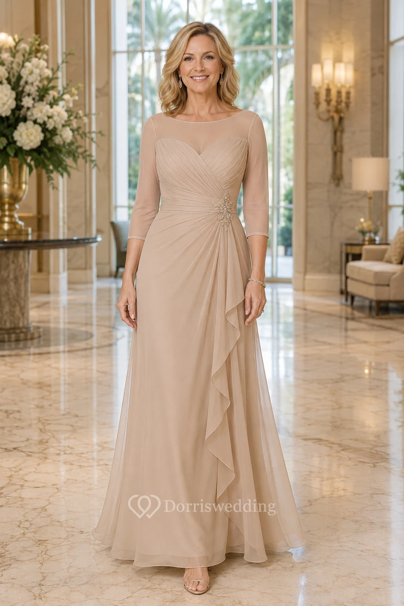 MOB-Kleid aus champagnerfarbenem Chiffon, A-Linie, lange Ärmel, U-Boot-Ausschnitt, bodenlang, mit Rüschenbesatz