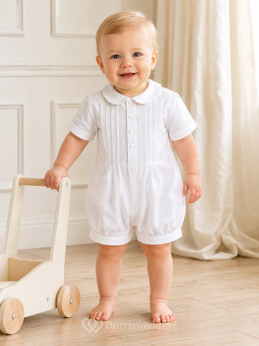 Weißer, kurzärmeliger Leinen-Baby-Strampler mit Biesen, LDS-Stil, Baby-Segens-Höschen, Baby-Segnung