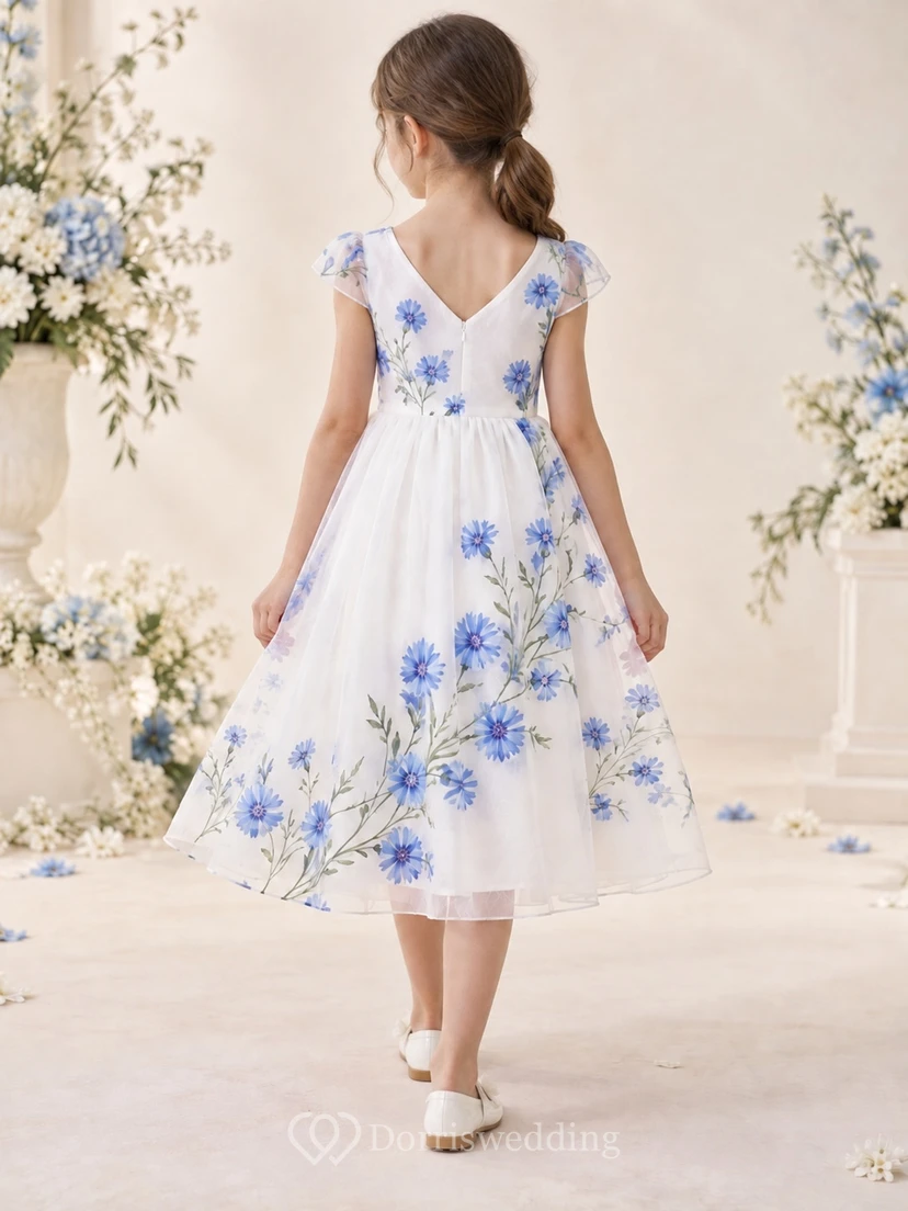 Tea-length White Floral V-neck Cap Sleeve Gathered Organza Flower Girl Dress view 2