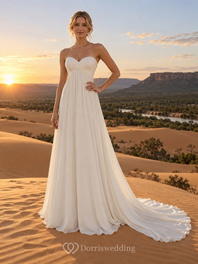 Empire Strapless Sweetheart Crepe Wedding Dress with Wrapped Bodice and Court Train