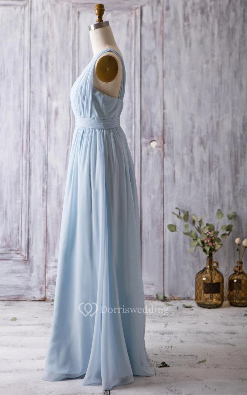 V Neck Backless Empire Waist Pleated A-line Chiffon Long Dress view 3