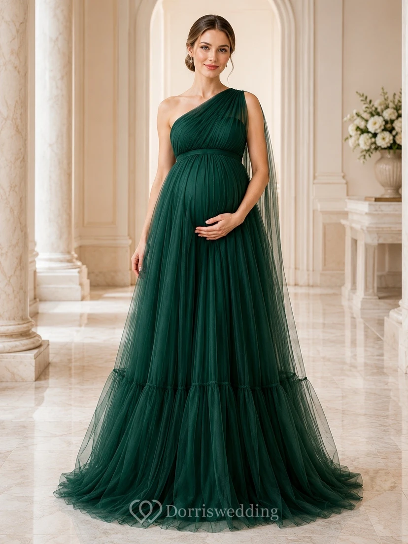 Maternity Dark Green One Shoulder Sleeveless Tulle Empire Dress