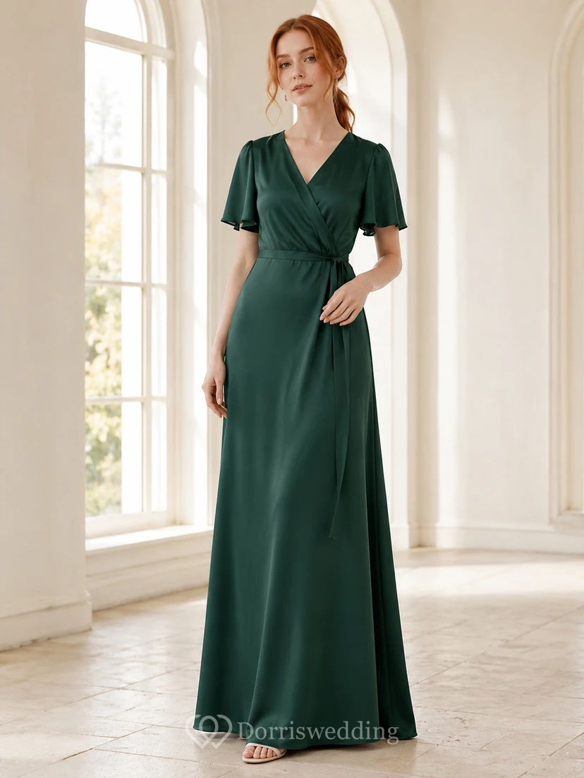 Dark green V-neck short sleeve wrap floor length bridesmaid dress