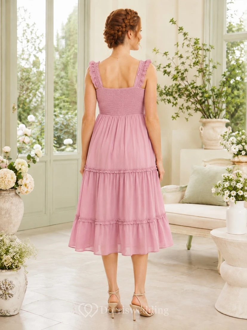 Pink Chiffon Square Neck Sleeveless Tiered Maternity Midi Dress view 2