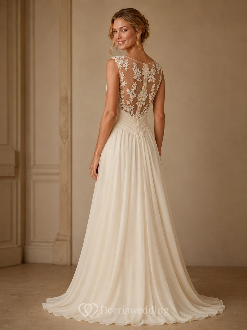 Robe de bal longue en mousseline élégante sans manches, ornée d'appliqués de dentelle. view 2
