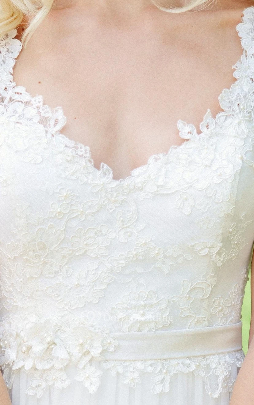 Langes Chiffon-Spitzenkleid zur Erneuerung des Eheversprechens mit Perlenblume view 5