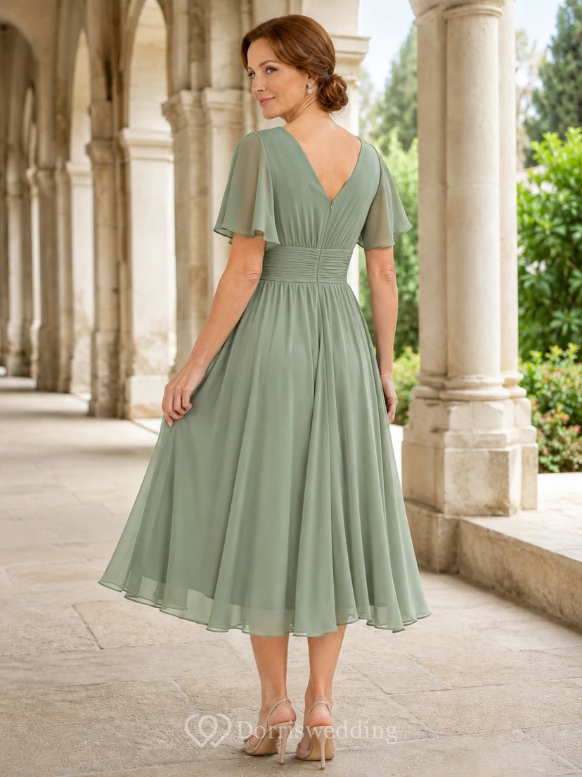 Robe mère en mousseline de soie couleur sauge, col V, longueur thé, coupe trapèze view 2