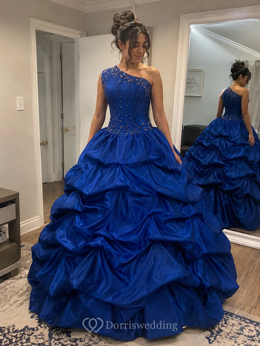 One-shoulder Ballgown With Ruffles and Beadings view 9