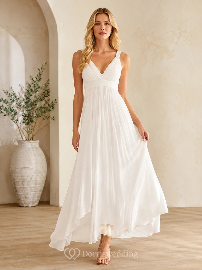 Robe de mariée civile de plage simple, taille empire, col en V, sans manches, en mousseline, longueur cheville