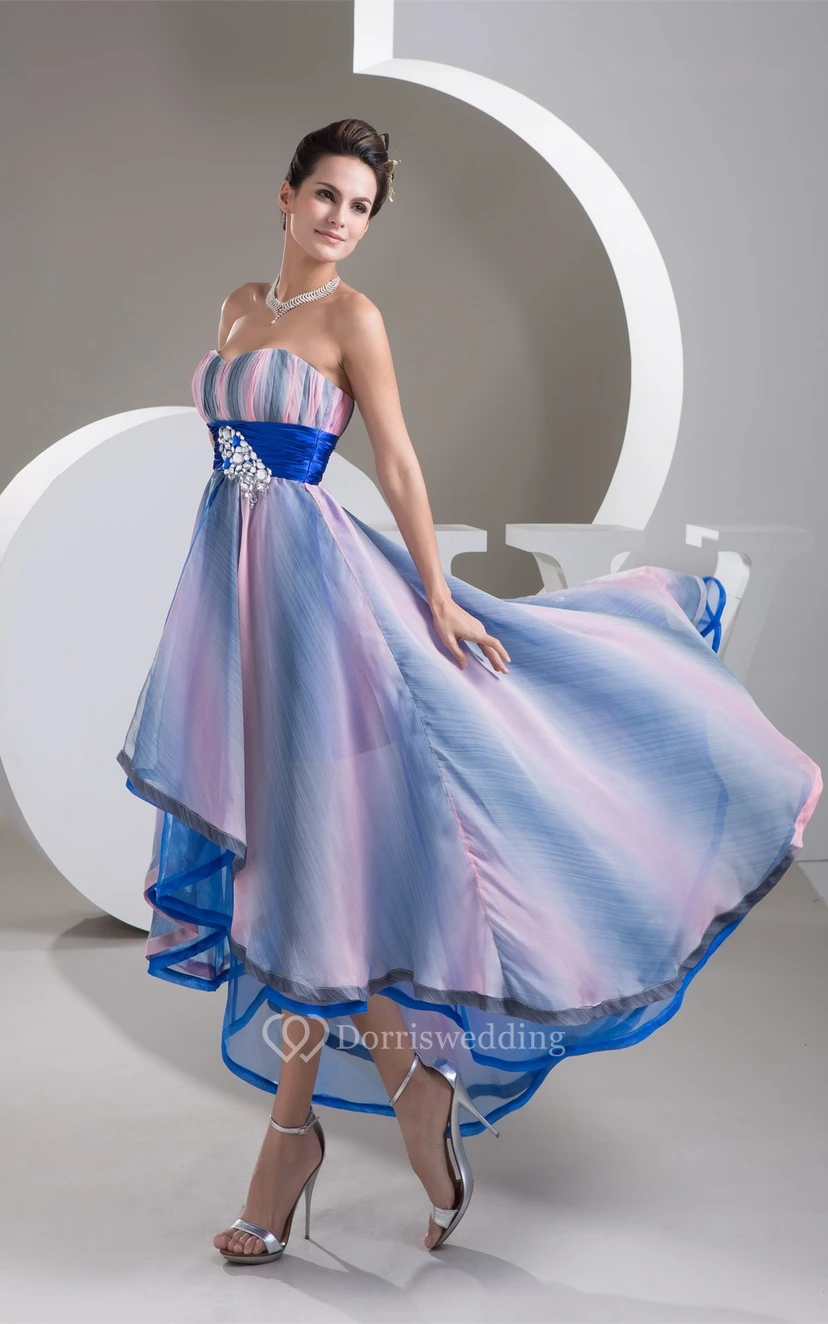 Mute-Color Ruched High-Low Rhinestone and Dress With Pleats view 2