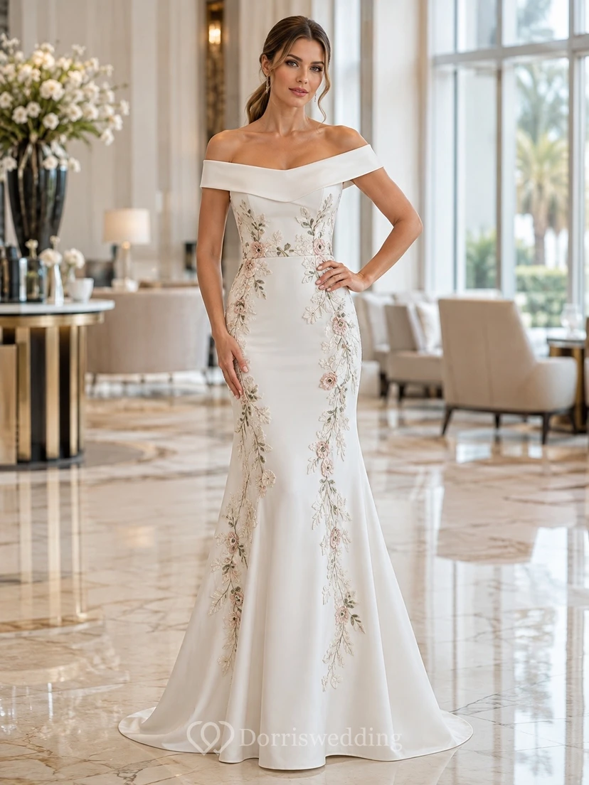 Vestido formal de sirena de satén blanco con hombros descubiertos y mangas cortas