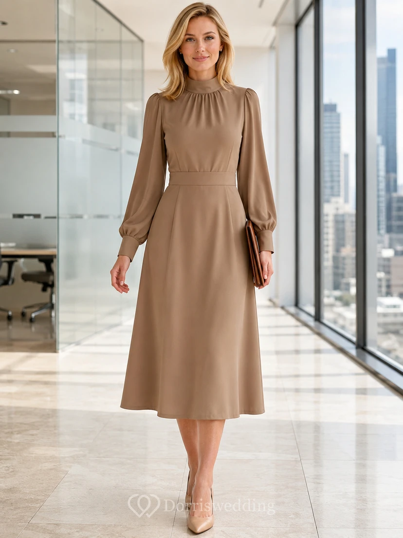 Robe de travail modeste, blouson taupe à manches longues et col montant, coupe trapèze
